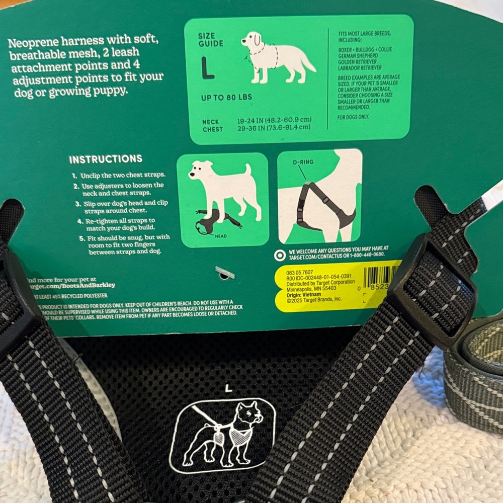 Boots & Barkley Black Reflective Harness & Green/gray Design Collar, Large - Picture 4 of 6